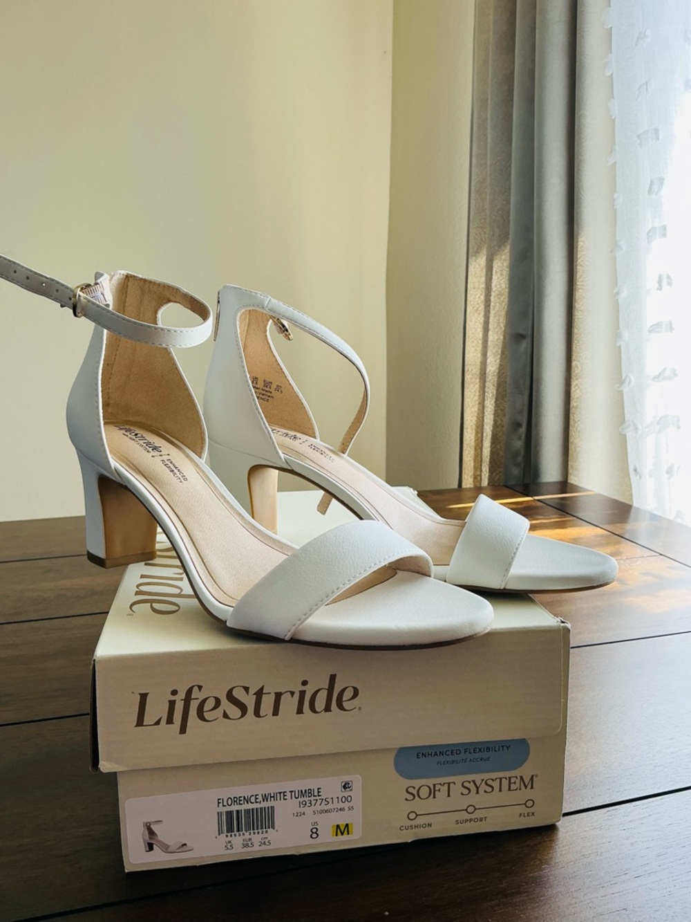 Life Stride White Ankle Strap Block Heel Sandals